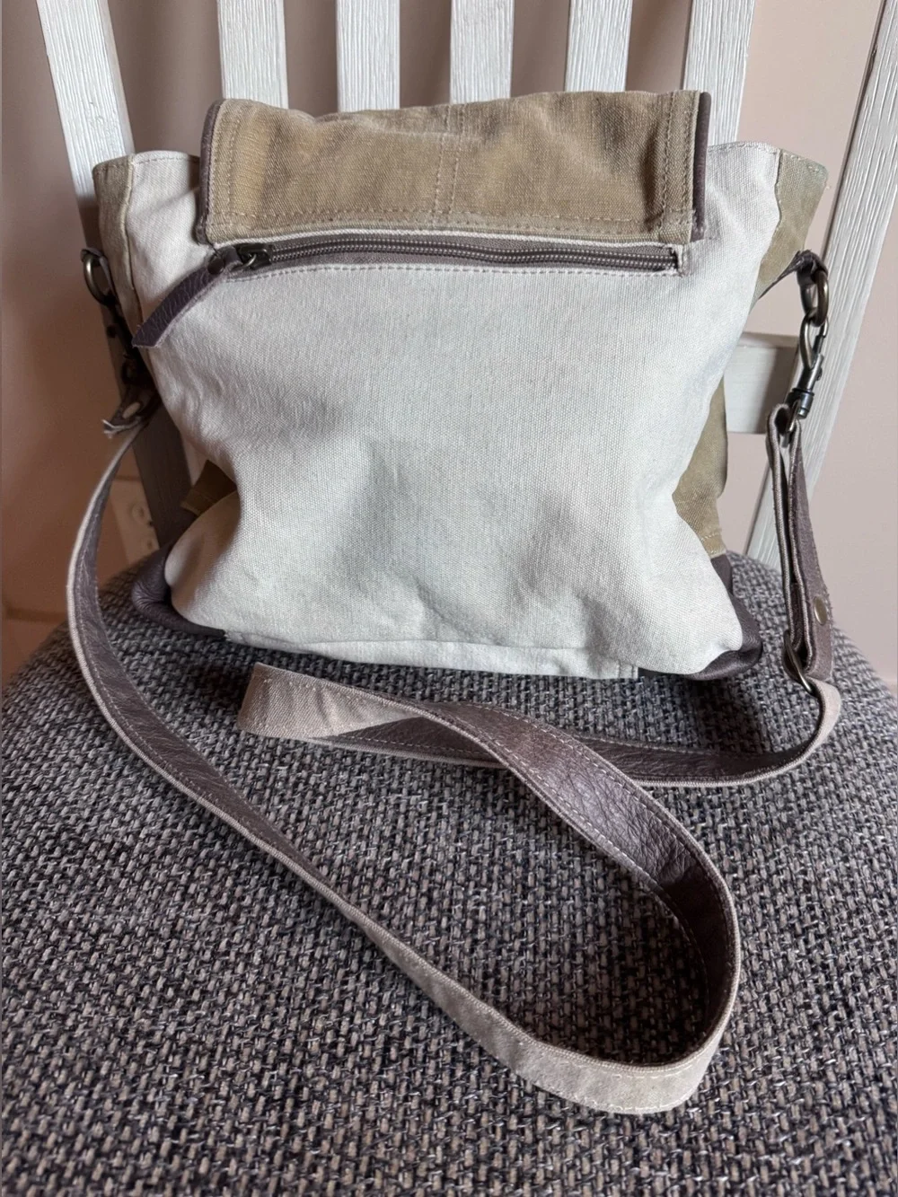 Myra Bag Olive and Cream Canvas Messenger with Brown Star Patch